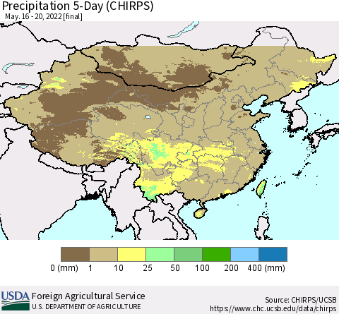 China, Mongolia and Taiwan Precipitation 5-Day (CHIRPS) Thematic Map For 5/16/2022 - 5/20/2022