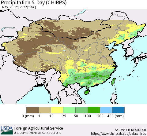 China, Mongolia and Taiwan Precipitation 5-Day (CHIRPS) Thematic Map For 5/21/2022 - 5/25/2022