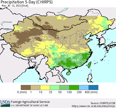 China, Mongolia and Taiwan Precipitation 5-Day (CHIRPS) Thematic Map For 5/26/2022 - 5/31/2022