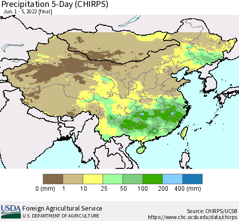 China, Mongolia and Taiwan Precipitation 5-Day (CHIRPS) Thematic Map For 6/1/2022 - 6/5/2022