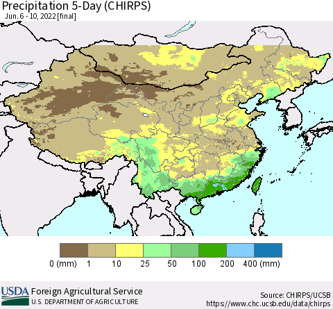 China, Mongolia and Taiwan Precipitation 5-Day (CHIRPS) Thematic Map For 6/6/2022 - 6/10/2022