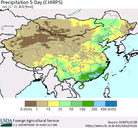 China, Mongolia and Taiwan Precipitation 5-Day (CHIRPS) Thematic Map For 6/11/2022 - 6/15/2022