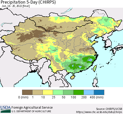 China, Mongolia and Taiwan Precipitation 5-Day (CHIRPS) Thematic Map For 6/16/2022 - 6/20/2022