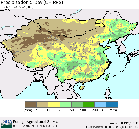 China, Mongolia and Taiwan Precipitation 5-Day (CHIRPS) Thematic Map For 6/21/2022 - 6/25/2022