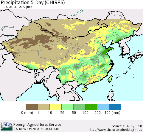 China, Mongolia and Taiwan Precipitation 5-Day (CHIRPS) Thematic Map For 6/26/2022 - 6/30/2022