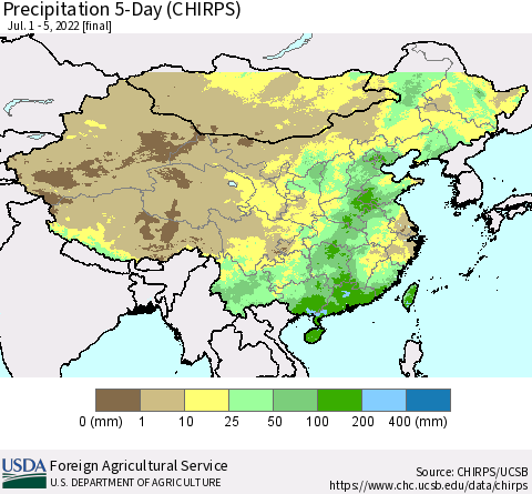 China, Mongolia and Taiwan Precipitation 5-Day (CHIRPS) Thematic Map For 7/1/2022 - 7/5/2022