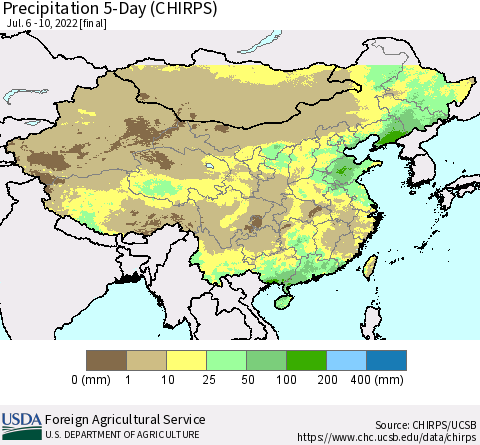 China, Mongolia and Taiwan Precipitation 5-Day (CHIRPS) Thematic Map For 7/6/2022 - 7/10/2022