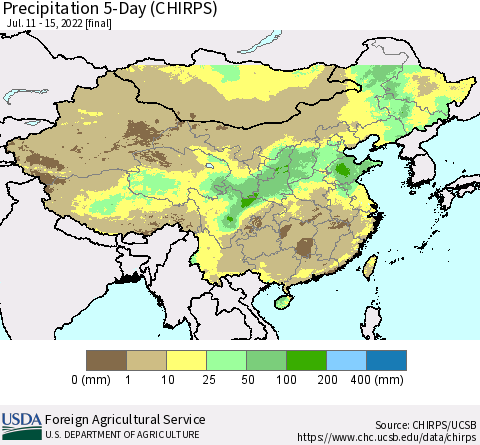 China, Mongolia and Taiwan Precipitation 5-Day (CHIRPS) Thematic Map For 7/11/2022 - 7/15/2022