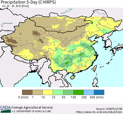 China, Mongolia and Taiwan Precipitation 5-Day (CHIRPS) Thematic Map For 7/16/2022 - 7/20/2022