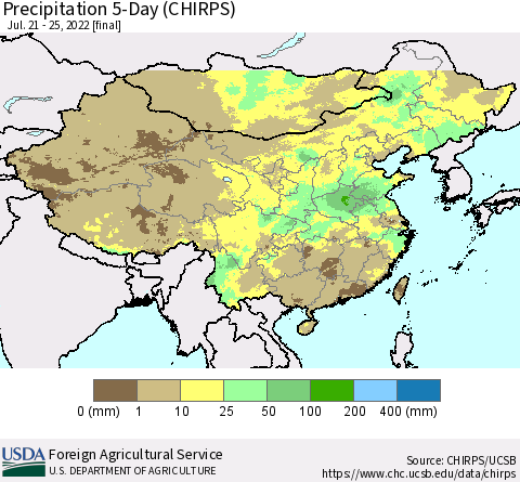 China, Mongolia and Taiwan Precipitation 5-Day (CHIRPS) Thematic Map For 7/21/2022 - 7/25/2022