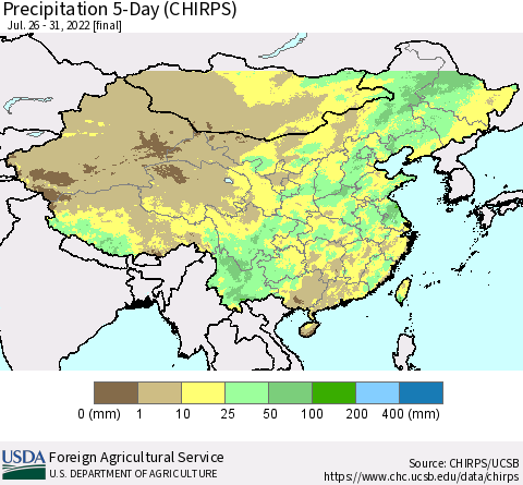China, Mongolia and Taiwan Precipitation 5-Day (CHIRPS) Thematic Map For 7/26/2022 - 7/31/2022