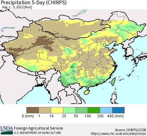 China, Mongolia and Taiwan Precipitation 5-Day (CHIRPS) Thematic Map For 8/1/2022 - 8/5/2022