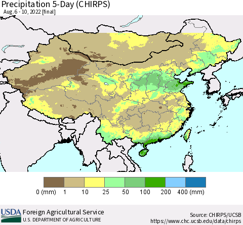 China, Mongolia and Taiwan Precipitation 5-Day (CHIRPS) Thematic Map For 8/6/2022 - 8/10/2022