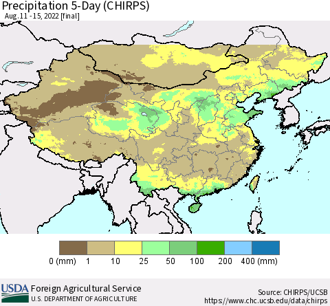 China, Mongolia and Taiwan Precipitation 5-Day (CHIRPS) Thematic Map For 8/11/2022 - 8/15/2022
