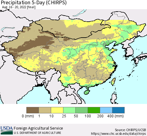 China, Mongolia and Taiwan Precipitation 5-Day (CHIRPS) Thematic Map For 8/16/2022 - 8/20/2022