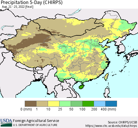 China, Mongolia and Taiwan Precipitation 5-Day (CHIRPS) Thematic Map For 8/21/2022 - 8/25/2022