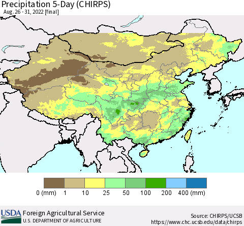 China, Mongolia and Taiwan Precipitation 5-Day (CHIRPS) Thematic Map For 8/26/2022 - 8/31/2022