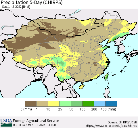 China, Mongolia and Taiwan Precipitation 5-Day (CHIRPS) Thematic Map For 9/1/2022 - 9/5/2022