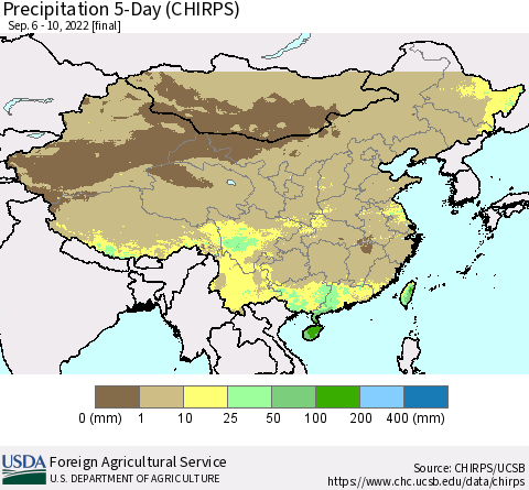 China, Mongolia and Taiwan Precipitation 5-Day (CHIRPS) Thematic Map For 9/6/2022 - 9/10/2022