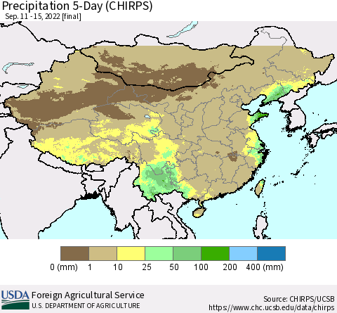 China, Mongolia and Taiwan Precipitation 5-Day (CHIRPS) Thematic Map For 9/11/2022 - 9/15/2022