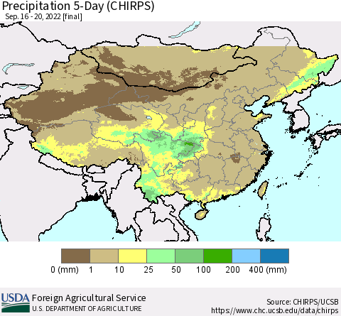 China, Mongolia and Taiwan Precipitation 5-Day (CHIRPS) Thematic Map For 9/16/2022 - 9/20/2022