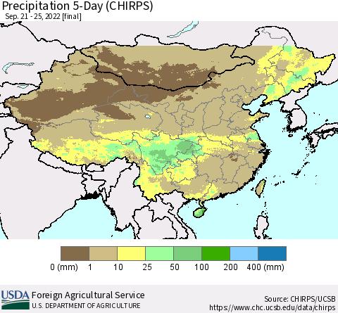 China, Mongolia and Taiwan Precipitation 5-Day (CHIRPS) Thematic Map For 9/21/2022 - 9/25/2022