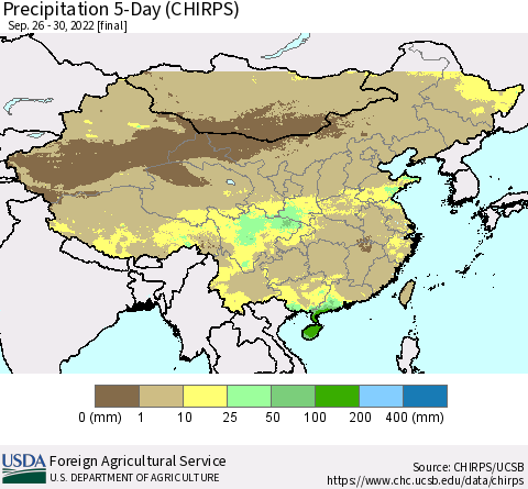 China, Mongolia and Taiwan Precipitation 5-Day (CHIRPS) Thematic Map For 9/26/2022 - 9/30/2022