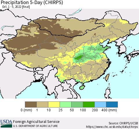 China, Mongolia and Taiwan Precipitation 5-Day (CHIRPS) Thematic Map For 10/1/2022 - 10/5/2022