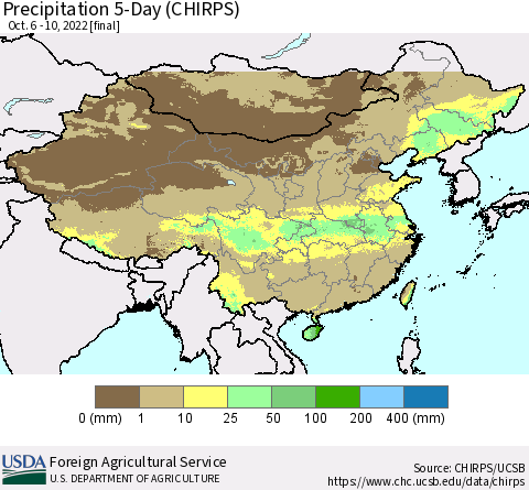 China, Mongolia and Taiwan Precipitation 5-Day (CHIRPS) Thematic Map For 10/6/2022 - 10/10/2022