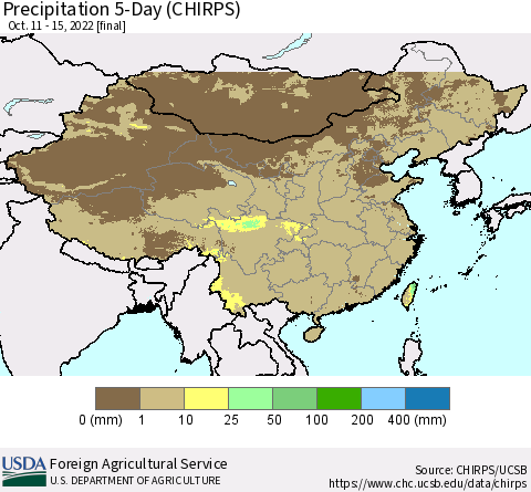 China, Mongolia and Taiwan Precipitation 5-Day (CHIRPS) Thematic Map For 10/11/2022 - 10/15/2022