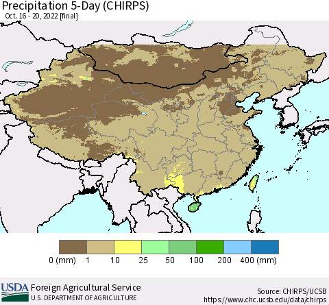 China, Mongolia and Taiwan Precipitation 5-Day (CHIRPS) Thematic Map For 10/16/2022 - 10/20/2022