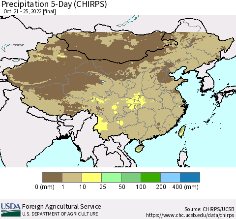 China, Mongolia and Taiwan Precipitation 5-Day (CHIRPS) Thematic Map For 10/21/2022 - 10/25/2022