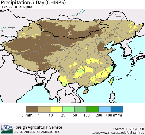 China, Mongolia and Taiwan Precipitation 5-Day (CHIRPS) Thematic Map For 10/26/2022 - 10/31/2022