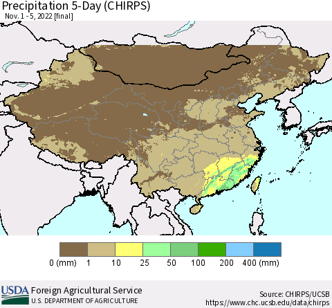 China, Mongolia and Taiwan Precipitation 5-Day (CHIRPS) Thematic Map For 11/1/2022 - 11/5/2022