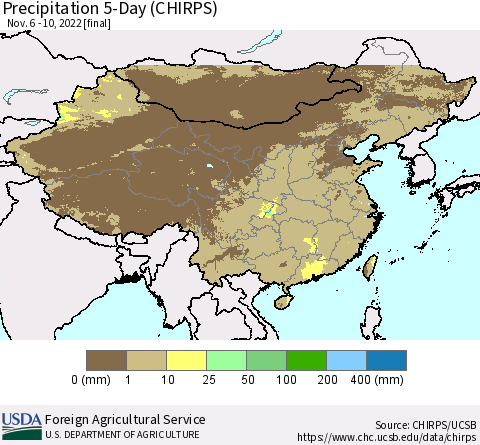 China, Mongolia and Taiwan Precipitation 5-Day (CHIRPS) Thematic Map For 11/6/2022 - 11/10/2022