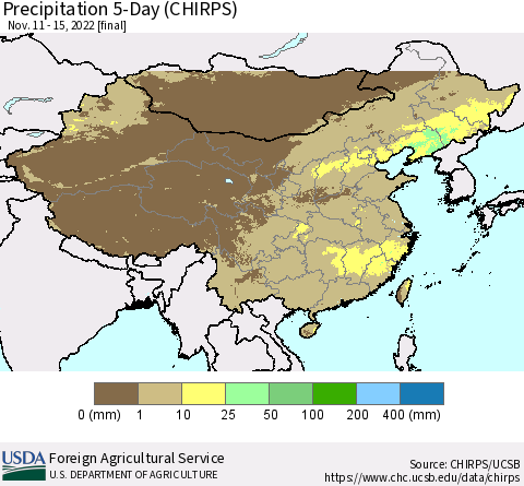 China, Mongolia and Taiwan Precipitation 5-Day (CHIRPS) Thematic Map For 11/11/2022 - 11/15/2022