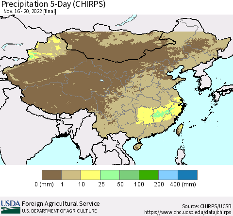 China, Mongolia and Taiwan Precipitation 5-Day (CHIRPS) Thematic Map For 11/16/2022 - 11/20/2022