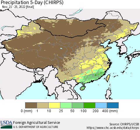 China, Mongolia and Taiwan Precipitation 5-Day (CHIRPS) Thematic Map For 11/21/2022 - 11/25/2022