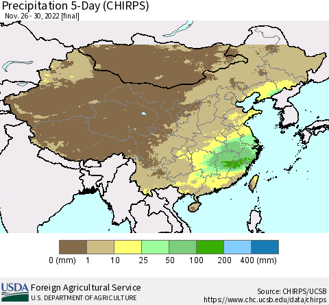 China, Mongolia and Taiwan Precipitation 5-Day (CHIRPS) Thematic Map For 11/26/2022 - 11/30/2022