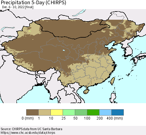 China, Mongolia and Taiwan Precipitation 5-Day (CHIRPS) Thematic Map For 12/6/2022 - 12/10/2022