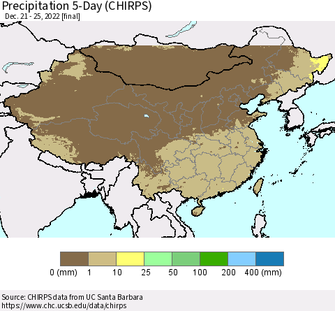China, Mongolia and Taiwan Precipitation 5-Day (CHIRPS) Thematic Map For 12/21/2022 - 12/25/2022