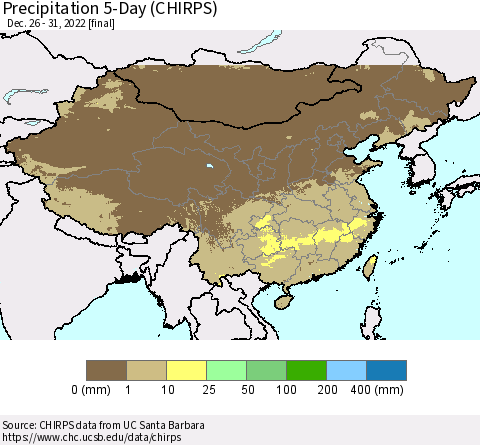 China, Mongolia and Taiwan Precipitation 5-Day (CHIRPS) Thematic Map For 12/26/2022 - 12/31/2022