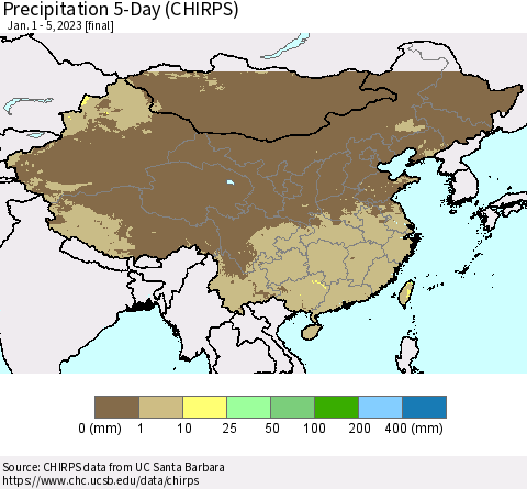 China, Mongolia and Taiwan Precipitation 5-Day (CHIRPS) Thematic Map For 1/1/2023 - 1/5/2023