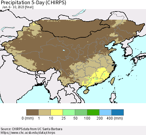 China, Mongolia and Taiwan Precipitation 5-Day (CHIRPS) Thematic Map For 1/6/2023 - 1/10/2023