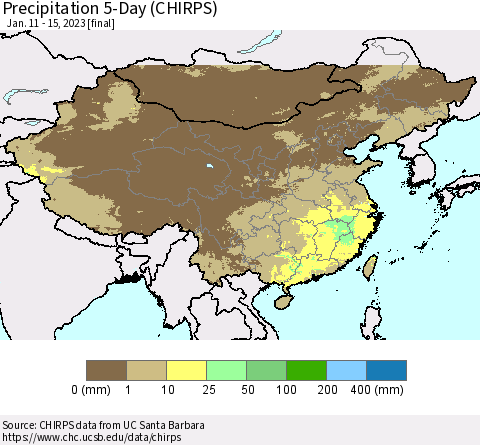 China, Mongolia and Taiwan Precipitation 5-Day (CHIRPS) Thematic Map For 1/11/2023 - 1/15/2023