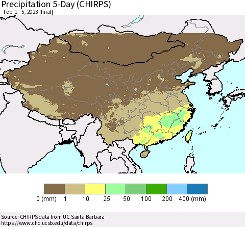China, Mongolia and Taiwan Precipitation 5-Day (CHIRPS) Thematic Map For 2/1/2023 - 2/5/2023