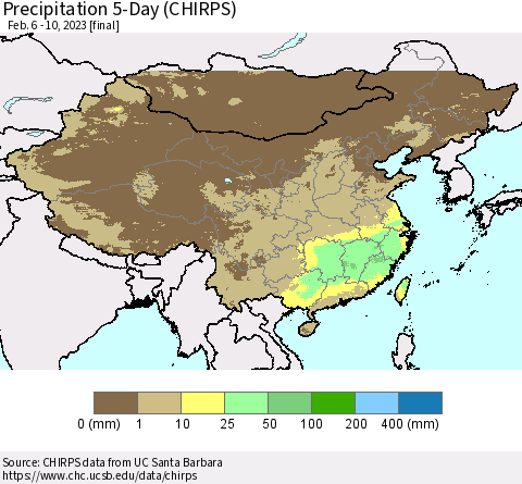 China, Mongolia and Taiwan Precipitation 5-Day (CHIRPS) Thematic Map For 2/6/2023 - 2/10/2023