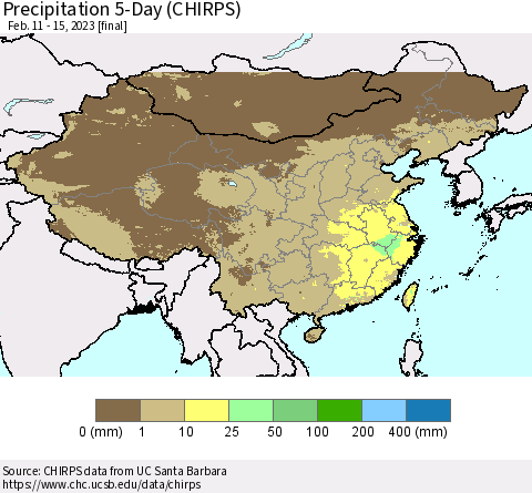 China, Mongolia and Taiwan Precipitation 5-Day (CHIRPS) Thematic Map For 2/11/2023 - 2/15/2023