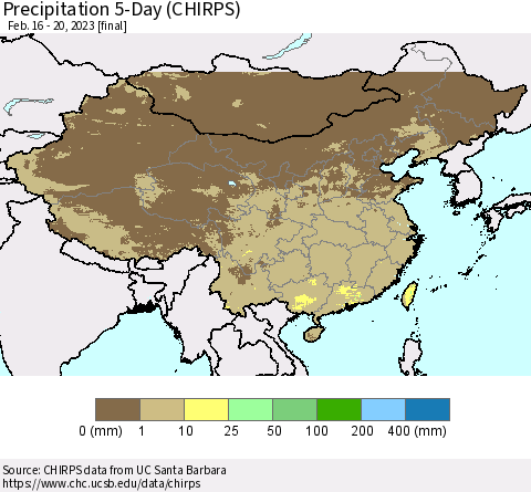 China, Mongolia and Taiwan Precipitation 5-Day (CHIRPS) Thematic Map For 2/16/2023 - 2/20/2023