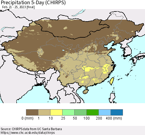 China, Mongolia and Taiwan Precipitation 5-Day (CHIRPS) Thematic Map For 2/21/2023 - 2/25/2023